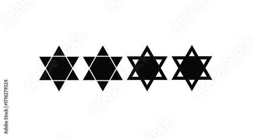 Row of four black star of david symbols with varied opacity and outline variations vector