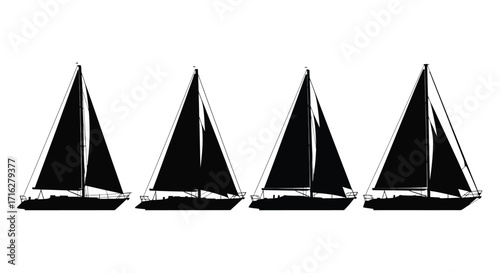 Four black sailboats in a row representing sailing travel adventure and nautical themes vector