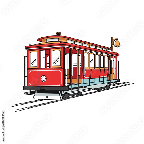 Illustration of a red cable car isolated on white background, a famous symbol of san francisco