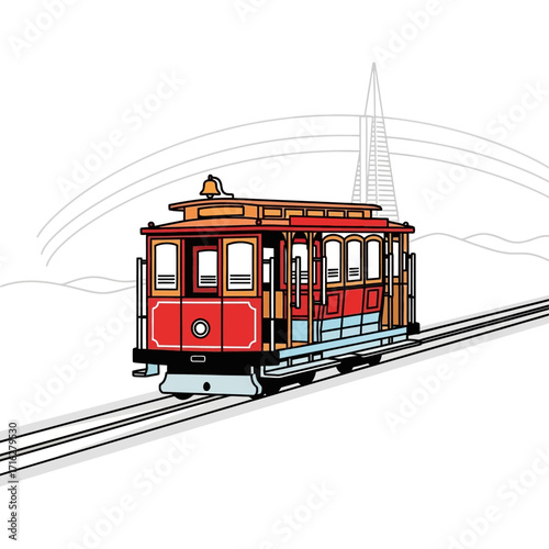 Illustration of a red cable car with san francisco skyline isolated on white background