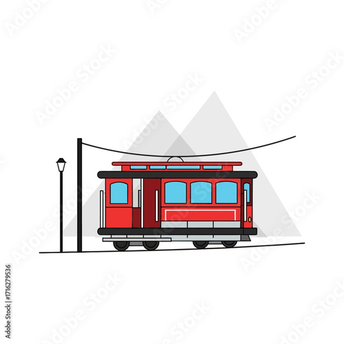 Illustration of a san francisco cable car isolated on white background with mountains behind it