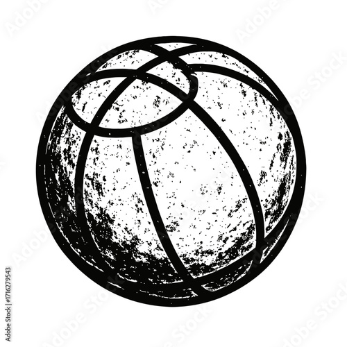 Distressed grunge basketball vector icon illustration, black and white speckled texture, ideal for vintage sports designs, retro athletic branding, streetwear apparel, unique graph