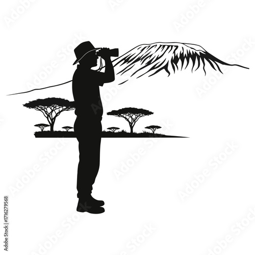 Silhouette of a man with binoculars on safari looking at mount kilimanjaro isolated on white background