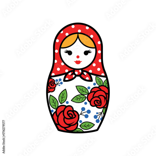 Adorable matryoshka doll with red polka dot scarf isolated on white background russian nesting toy