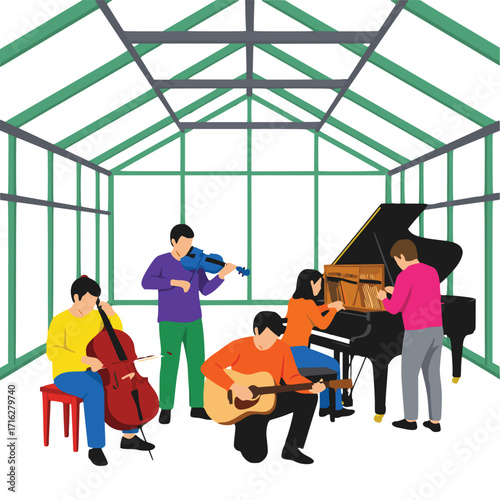An illustration depicting a group of musicians practicing in a greenhouse, playing various instruments