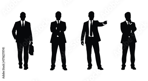 Four silhouette businessmen poses professional corporate figures standing attire vector
