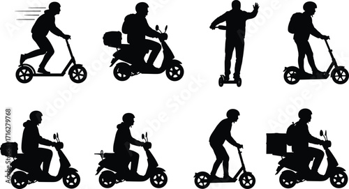 Silhouette delivery rider on scooter, electric scooter, hoverboard, urban transportation, courier service, fast delivery, eco transport, city mobility solution
