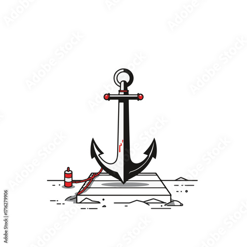 Minimalist black anchor on dock with red accent, nautical symbolism