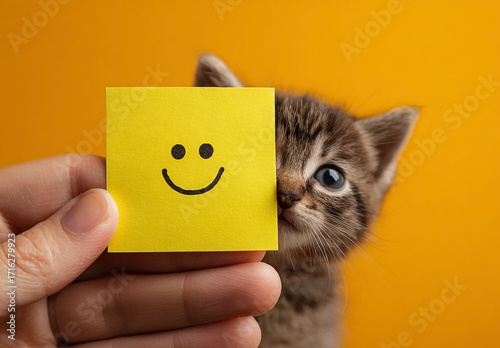 Hand holding a yellow sticky note with a smiley face, obscuring part of a kitten's face