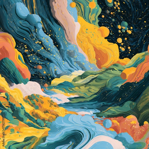 Abstract Color Splash: A vivid composition bursts with dynamic energy, showcasing an explosion of bright colors that dance and blend across the canvas.