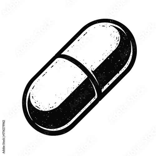 Grunge black and white capsule illustration, vintage medicine pill vector icon. Ideal for healthcare, pharmacy, and wellness, representing medical treatment, supplements, and moder