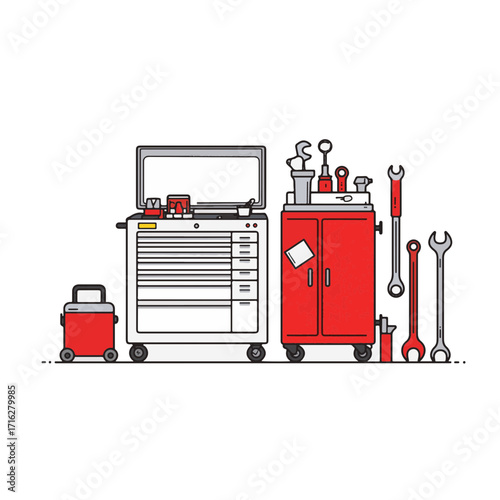 Minimalist toolbox arrangement with red accents in garage, organization