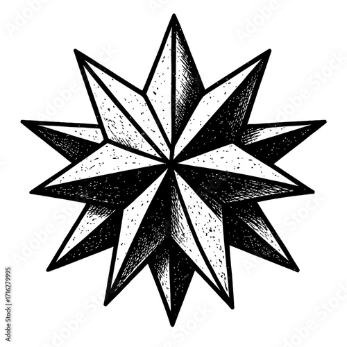 Timeless black and white ten-pointed nautical star illustration, capturing the essence of classic tattoo designs and vintage compass roses. Intricate shading and bold lines create
