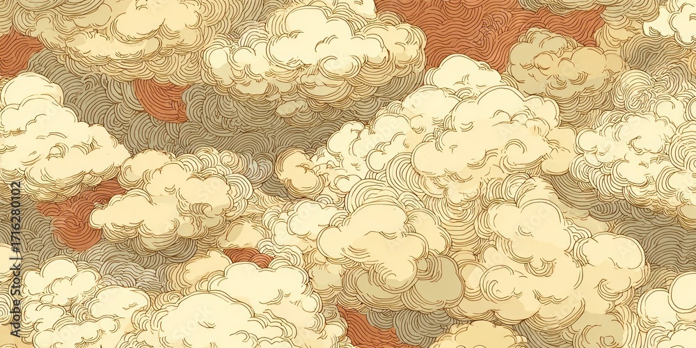 Naklejka premium A detailed illustration of cloudscapes, showcasing intricate line work and a blend of warm beige and light brown tones. The swirling patterns create a sense of depth and movement.