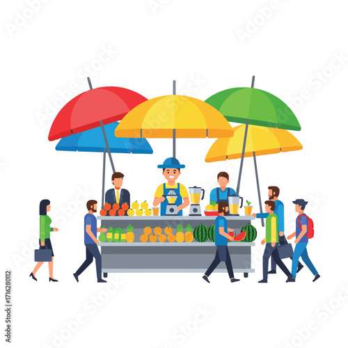 A bustling street market scene featuring a vibrant fresh juice and smoothie bar with vendors serving happy customers under colorful umbrellas