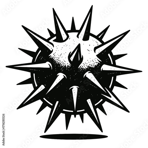 Monochromatic linocut of a menacing spiked sphere, resembling a dangerous weapon or potent virus, with sharp protrusions creating an aggressive, grunge, edgy, and bold tattoo-style