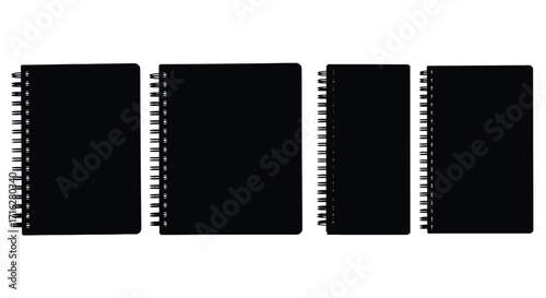 Four black spiral bound notebooks shown from different angles on a clean white surface vector
