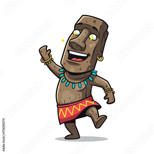 Cartoon moai statue character dancing and smiling isolated on white background easter island idol