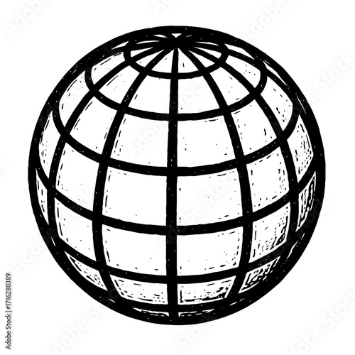Classic black and white line art illustration of a spherical globe, showcasing a grid of latitude and longitude lines. A simple, minimalist wireframe earth symbol perfect for globa