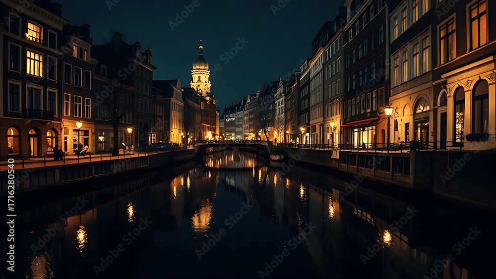 Naklejka premium A nighttime canal scene with historic buildings reflected in water, glowing windows creating warmth.