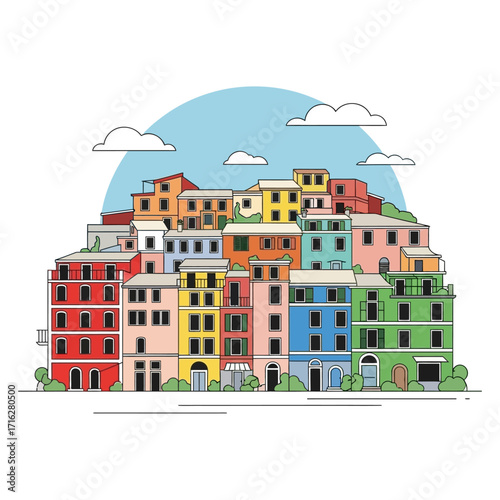 Colorful cityscape illustration of a hillside town with vibrant buildings isolated on white background
