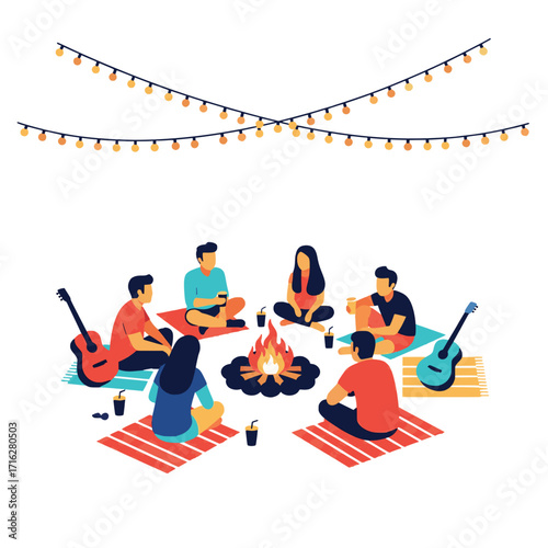 Friends Gathered Around a Campfire Under String Lights A Night of Sharing and Music