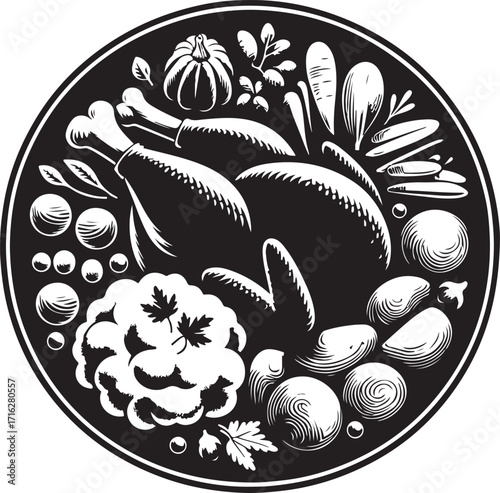 silhouette black and white Thanksgiving dinner plate with roasted turkey leg , mashed potatoes, vegetables