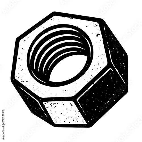 Classic black and white hexagonal nut illustration, perfect for industrial, mechanical engineering, and construction hardware designs. Vintage style fastener graphic with distresse