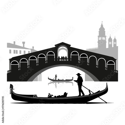 Silhouette of gondola in venice with rialto bridge isolated on white background vector illustration