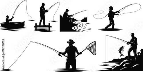 Silhouette fishermen fishing, casting rods, catching fish, outdoor river lake fishing, angler hobby, sport fishing illustration