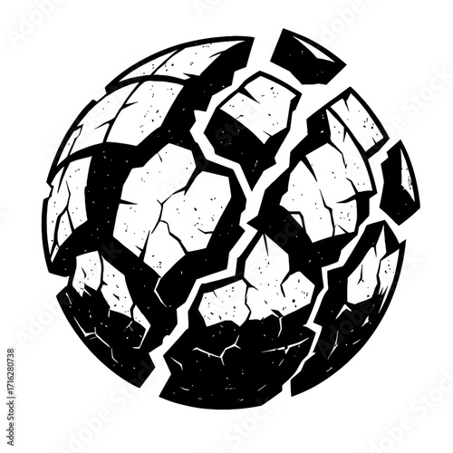 Shattered Earth: A striking monochrome vector illustration of a crumbling planet, fractured into numerous jagged pieces, symbolizing global collapse, fragility, and profound destru