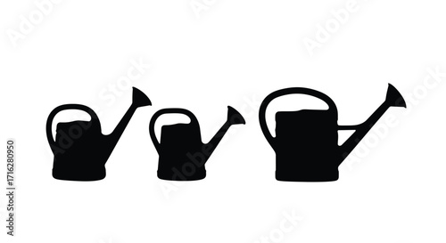 Three silhouetted watering cans of different sizes displayed in sequence for gardening vector