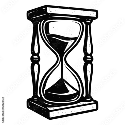 Black and white hourglass illustration, sand actively flowing, symbolizing time's passage, urgency, patience, and ephemeral life. Great for history, legacy, measurement, mindful li