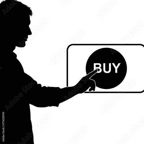 Silhouette of a man pressing a buy button isolated on white background, making an online purchase