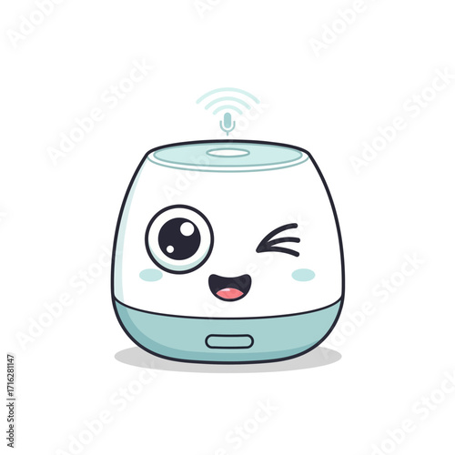 Cute cartoon smart speaker character winking isolated on white background