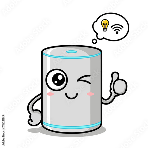 Cute cartoon smart speaker character giving a thumbs up and thinking isolated on white background