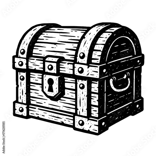Vintage woodcut style treasure chest illustration, classic pirate strongbox with metal bands, keyhole. Ideal for adventure games, fantasy themes, historical projects, conveying anc