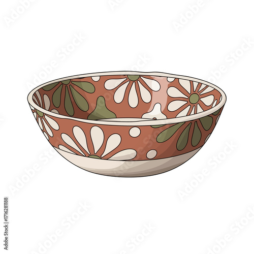 Empty bowl with floral pattern isolated on white background, ceramic dish, kitchenware concept