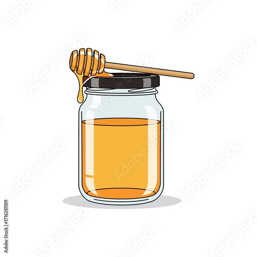 Honey jar with dipper isolated on white background, sweet and natural treat, healthy food concept