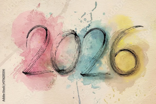 Creative Watercolor Design Featuring the Year 2026 with Colorful Splashes
