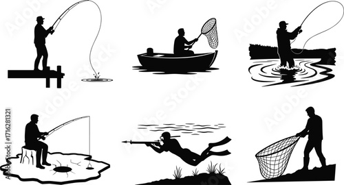 Silhouette fishermen fishing, ice fishing, spear fishing, casting rods, using nets, outdoor angler sport, water adventure illustration