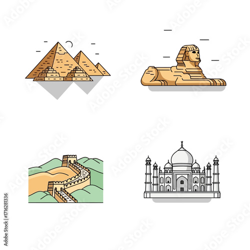 World wonders landmarks vector illustration isolated on white background pyramids of giza, great sphinx, great wall, taj mahal