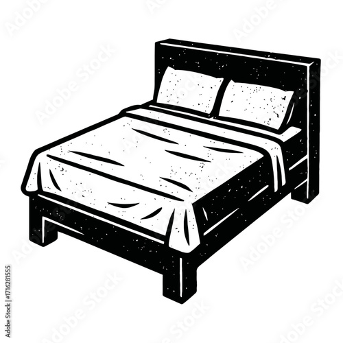Black and White Woodcut Style Bed Illustration with Headboard, Two Pillows, and Draped Bedding. Ideal for Bedroom Decor, Sleep Concepts, Home Furniture, or Vintage Graphic Designs.