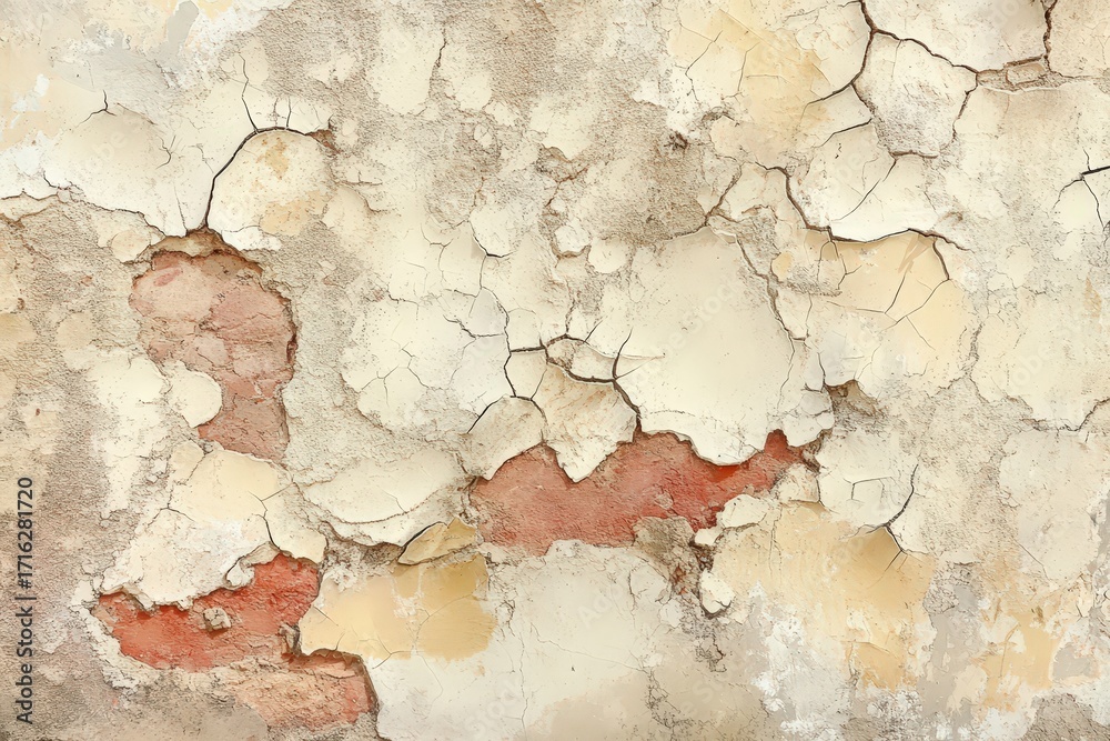 Obraz premium An aged, weathered wall displays a rich tapestry of textures and colors, with cracked, peeling paint revealing layers of brick beneath.