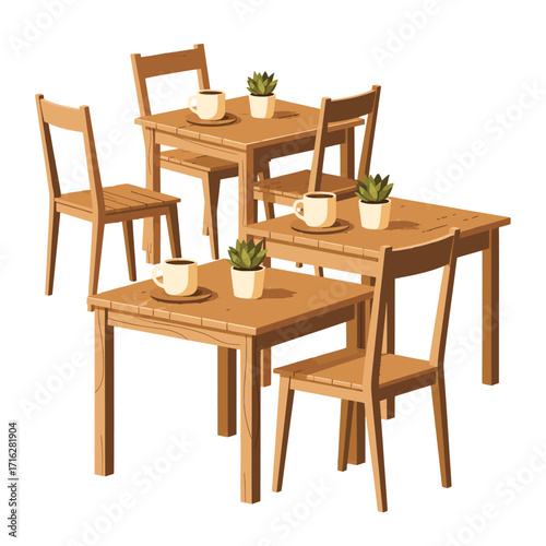 Vector illustration of a cozy cafe interior with wooden tables, chairs, coffee cups, and plants, isolated for restaurant furniture and dining concepts