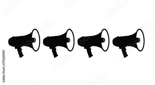 Multiple megaphone silhouettes conveying a message of loud announcement and communication in a row vector