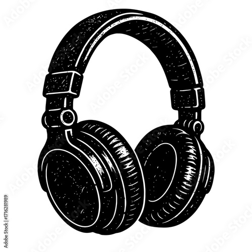 Iconic black and white illustration of classic over-ear headphones, perfect for music lovers, DJs, audio enthusiasts, and vintage tech art collectors. A powerful symbol of sound.
