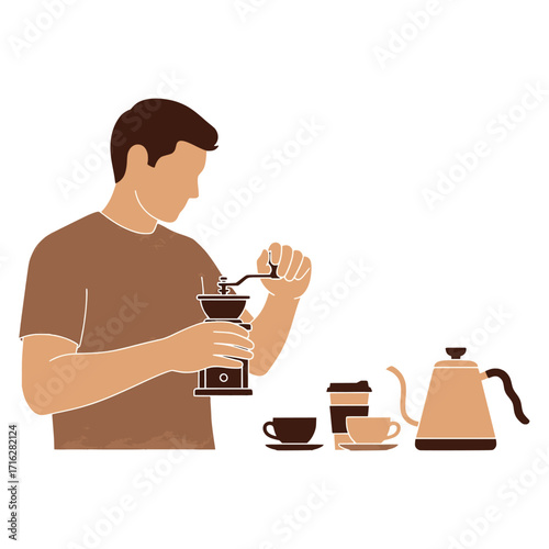 Man Grinding Coffee Beans for Brewing A Simple Illustration