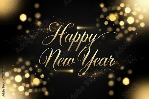Elegant Happy New Year Greeting with Sparkling Gold Elements on Black Background