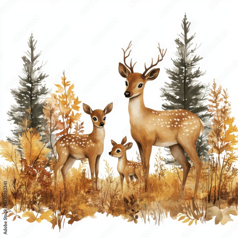 Obraz premium Family of Deer in Autumnal Forest